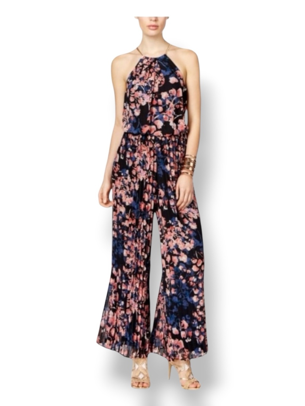 Thalia Sodi Women’s Halterneck Tricut Chain Strap Jumpsuit Floral Black XL